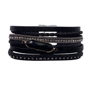 Kai Top Multilayer Black Leather Magnetic Bracelet With Rhinestone Accents & Cry
